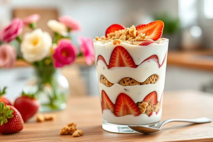 Nachtisch in einem Glas geschichtet mit weißer Schokolade, Erdbeeren und Keksen
