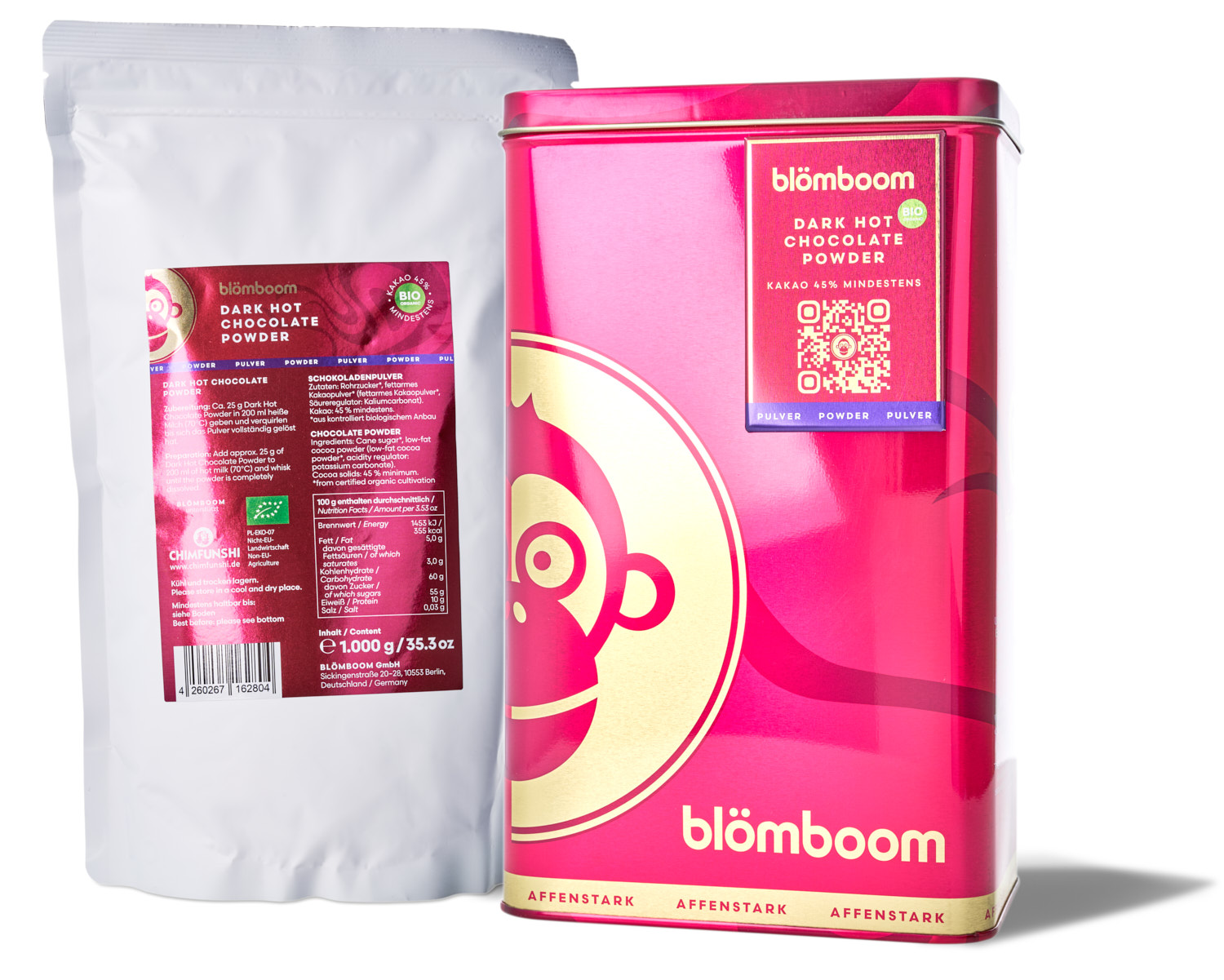 Metalldose + Refillbeutel und Magnet "Dark Hot Chocolate Powder BIO 1kg"