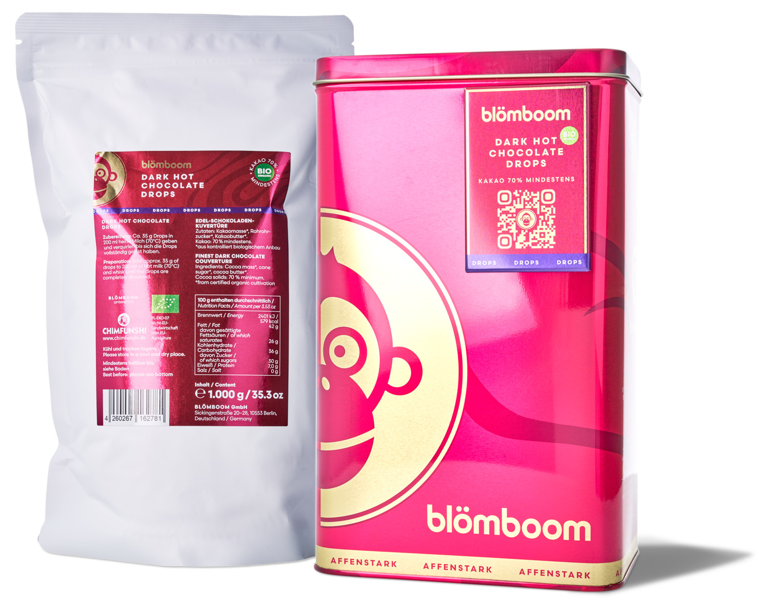 Metalldose + Refillbeutel und Magnet "Dark Hot Chocolate Drops BIO 1kg"