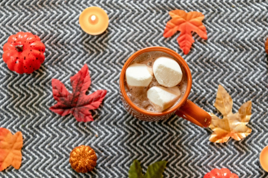 Tasse Kakao im Herbst mit Herbstdekoration und drei Marshmallows