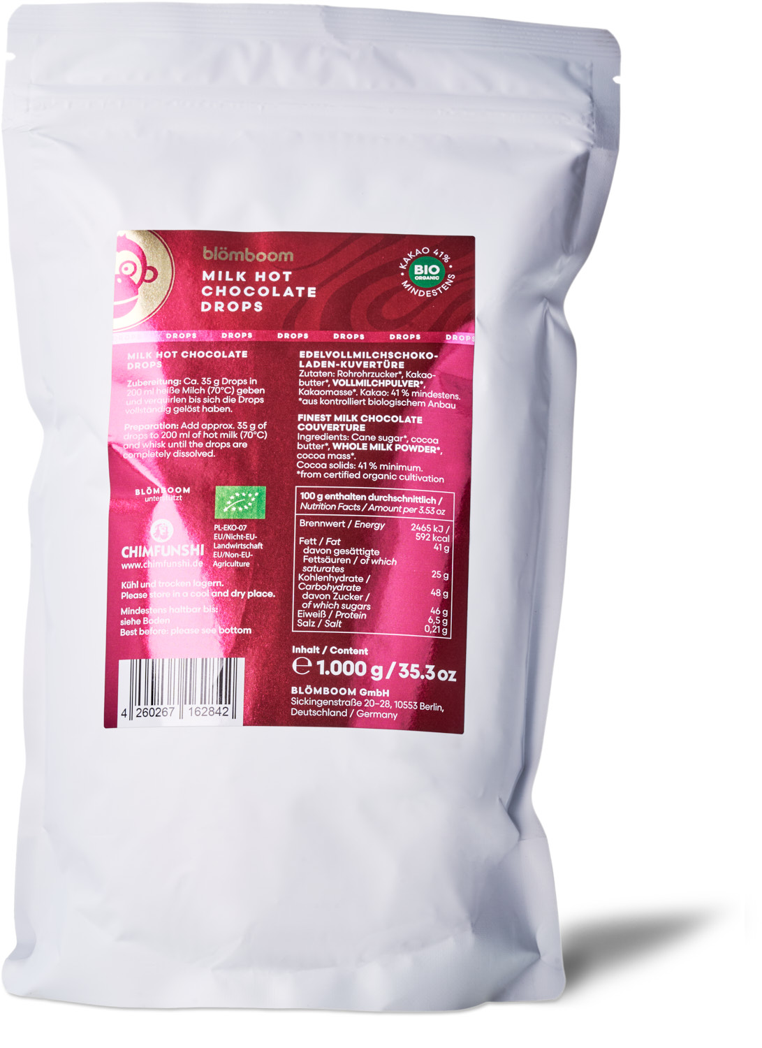 Metalldose + Refillbeutel und Magnet "Milk Hot Chocolate Drops BIO 1kg"