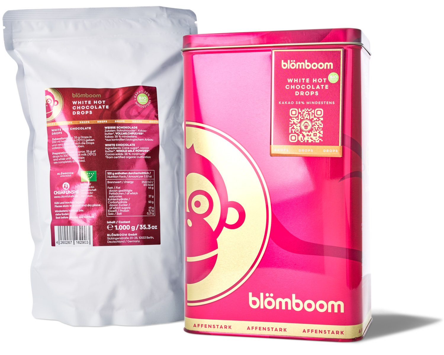 Metalldose + Refillbeutel und Magnet "White Hot Chocolate Drops BIO 1kg"