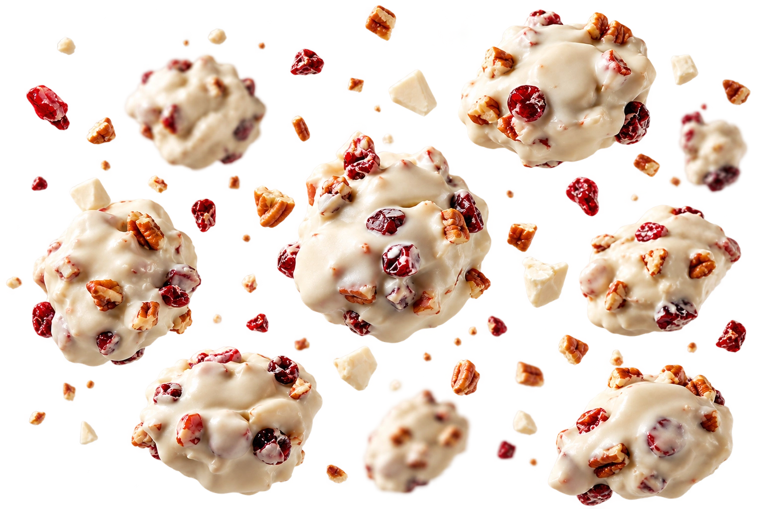 Weiße Blömboom Schokoladendrops und Cookies in der Luft