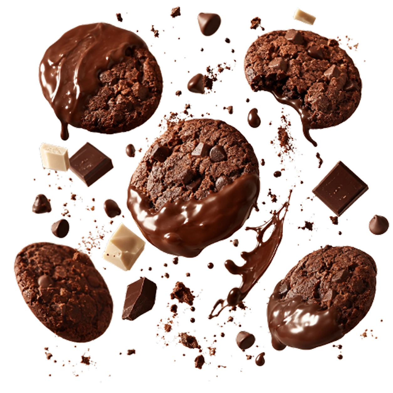 Dunkle Blömboom Schokoladendrops und Cookies in der Luft