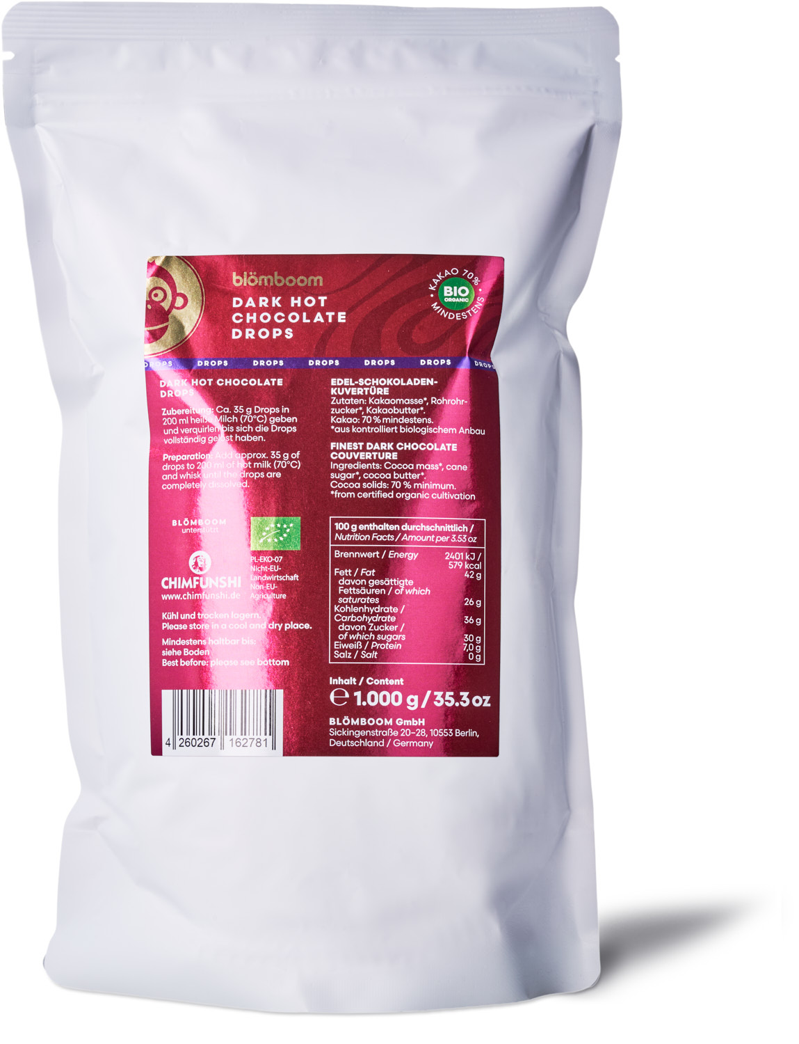 Metalldose + Refillbeutel und Magnet "Dark Hot Chocolate Drops BIO 1kg"