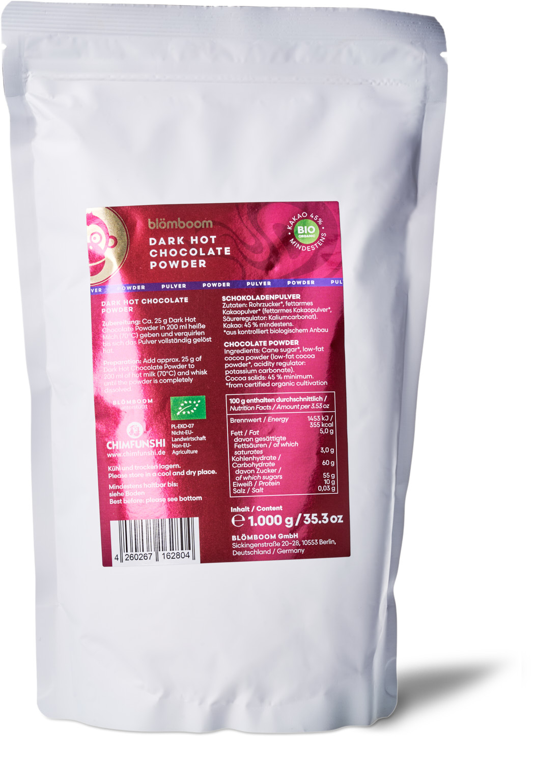 Metalldose + Refillbeutel und Magnet "Dark Hot Chocolate Powder BIO 1kg"