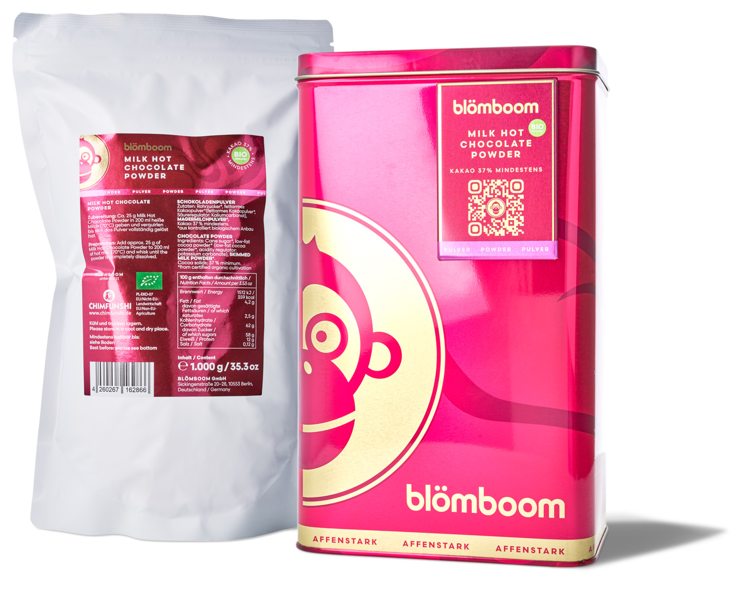 Metalldose + Refillbeutel und Magnet "Milk Hot Chocolate Powder BIO 1kg"
