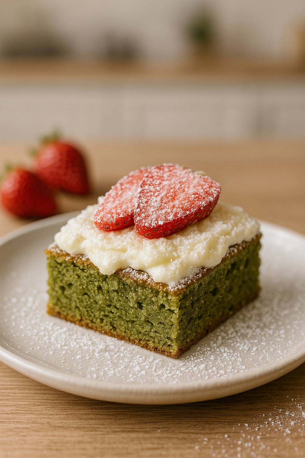 Matcha-Weiße-Schokoladen-Brownies mit Erdbeeren und weißer Schokoladen-Creme