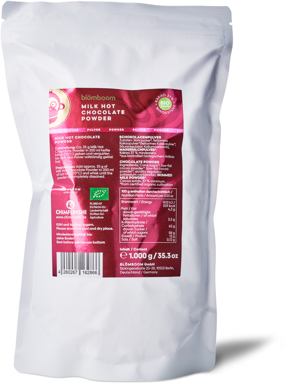 Metalldose + Refillbeutel und Magnet "Milk Hot Chocolate Powder BIO 1kg"