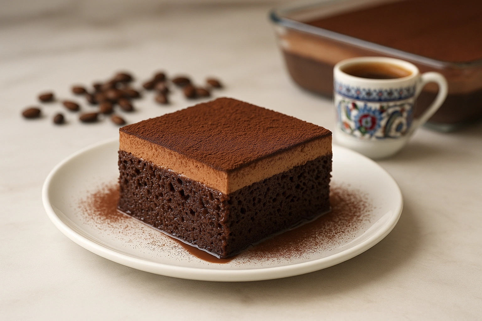 Schokoladenbrownie Schokoladentiramisu mit Kakaopulver und Kaffee zum genießen
