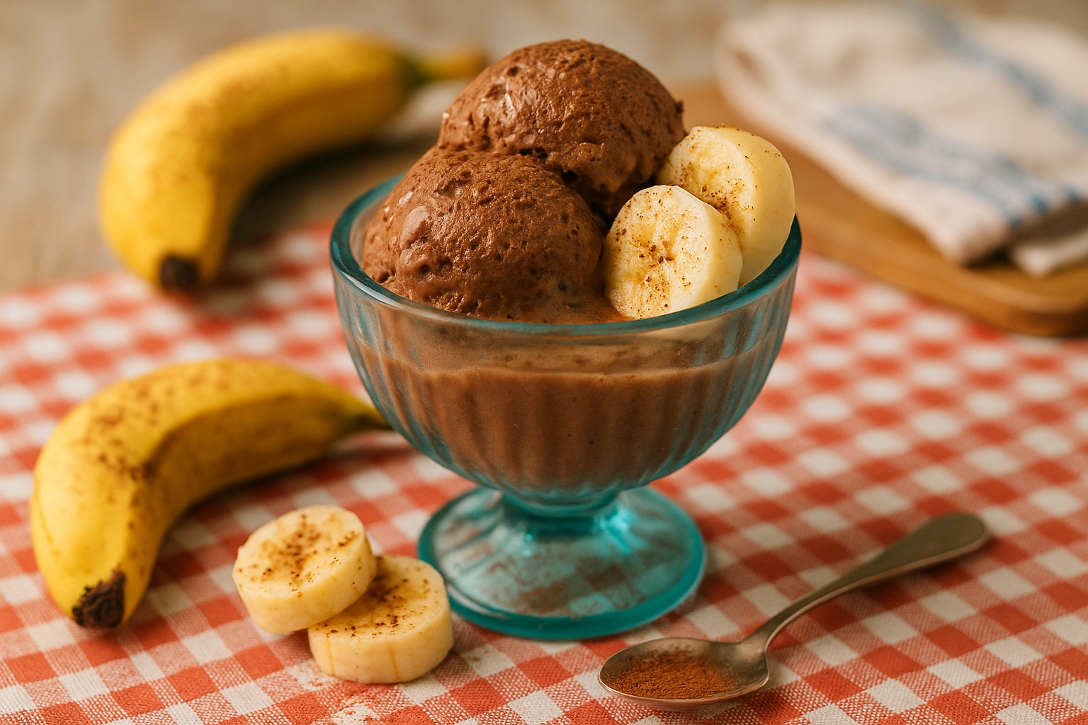 Selbstgemachtes Schokoladeneis mit Bananen in einer Eisform aus Glas