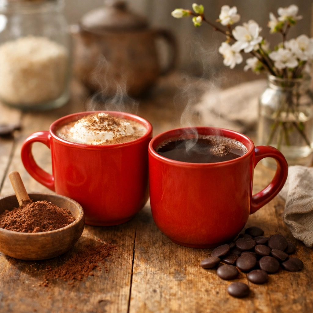 Zwei Tassen Kakao mit Kakaopulver und Drops