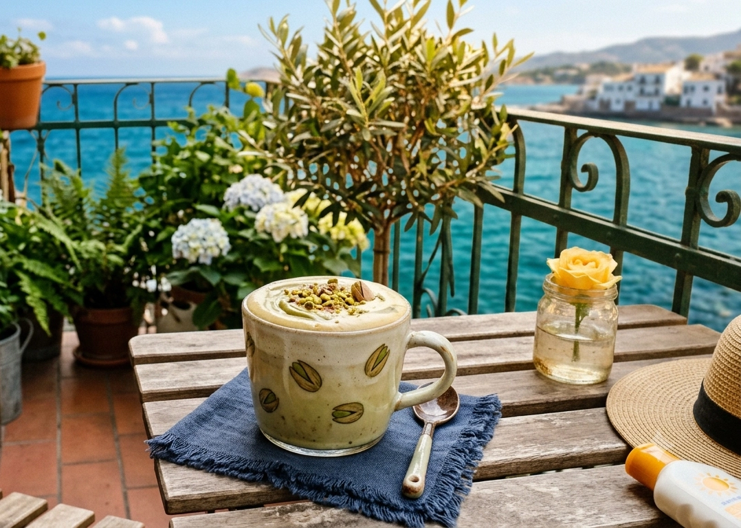 Weiße Schokolade zum Trinken mit Pistazien im Urlaub auf einem Balkon