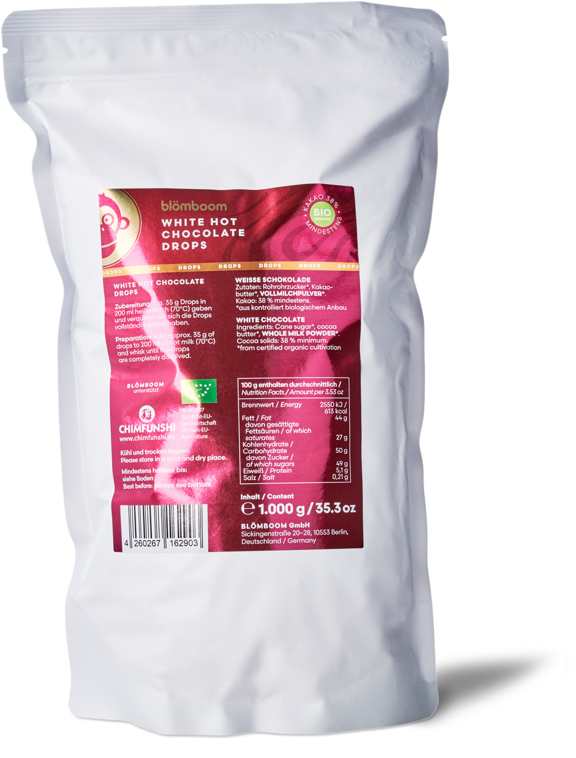 Metalldose + Refillbeutel und Magnet "White Hot Chocolate Drops BIO 1kg"