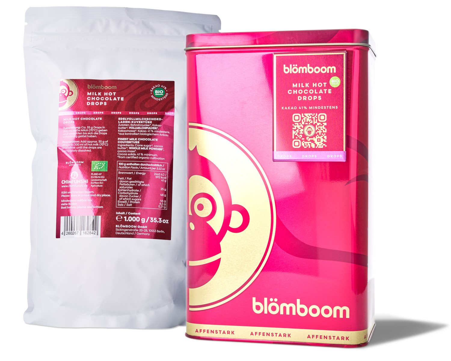 Metalldose + Refillbeutel und Magnet "Milk Hot Chocolate Drops BIO 1kg"