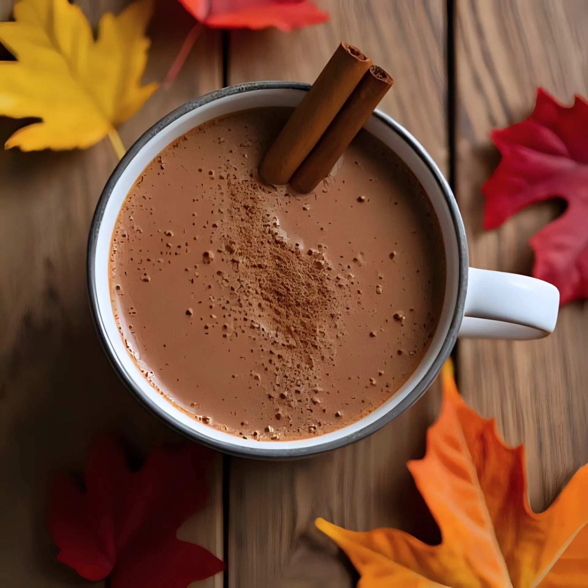 Tasse Kakao im Herbst mit Blättern und Zimtstange